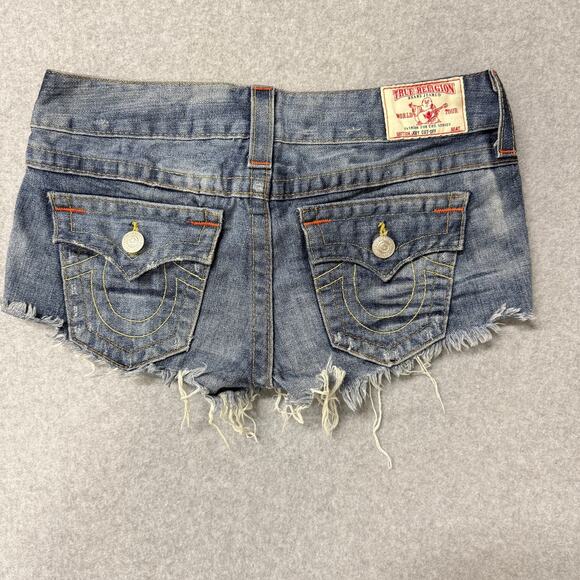 True Religion Joey Low Rise Micro Mini Cut Off Blue Denim Jean Shorts Size 28 - Picture 2 of 8
